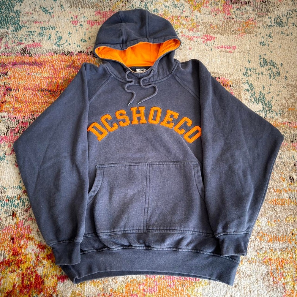 Vintage DC Shoes Hoodie Medium Blue Orange Spellout Y2K Skater Streetwear